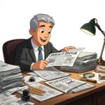 Editor of newsletter represented by a cartoon of a newspaper editor at desk.