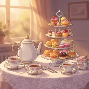 Cartoon of table laid out for afternoon tea
