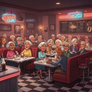 Cartoon of u3a dining group sitting in restaurant.