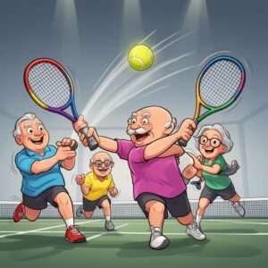 Cartoon of u3a group enjoying racketball.