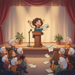 Cartoon of poet giving a reading to the u3a.