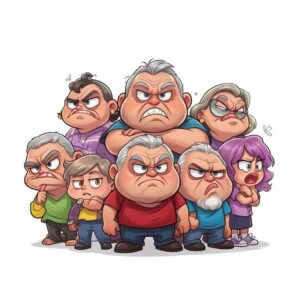 Cartoon of u3a group looking very grumpy.