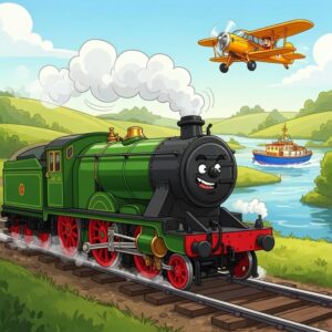 Cartoon of a train, a boat and a plane.