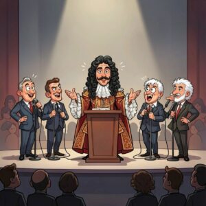 Cartoon of the merry monarch addressing a u3a meeting.