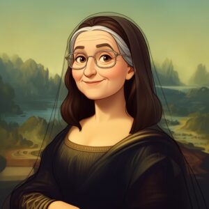 Cartoon of the Mona Lisa with glasses.