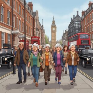 Cartoon of u3a walking group with London landmarks in the background.