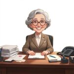 cartoon of female secretarywith piles of paper on desk