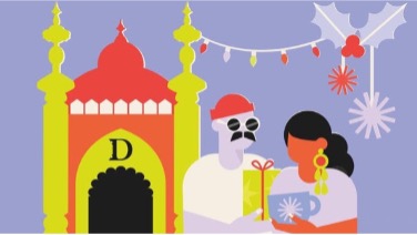 Promotional Poster for The Etsy Christmas Market showing two hipsters in front of the Brighton Dome decorated for Christmas.