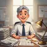 Cartoon of newsletter editor sat around desk