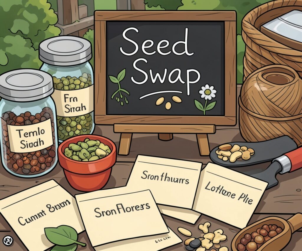 cartoon of a various seeds in labelled jars and "Seed Swap" written on small blackboard.